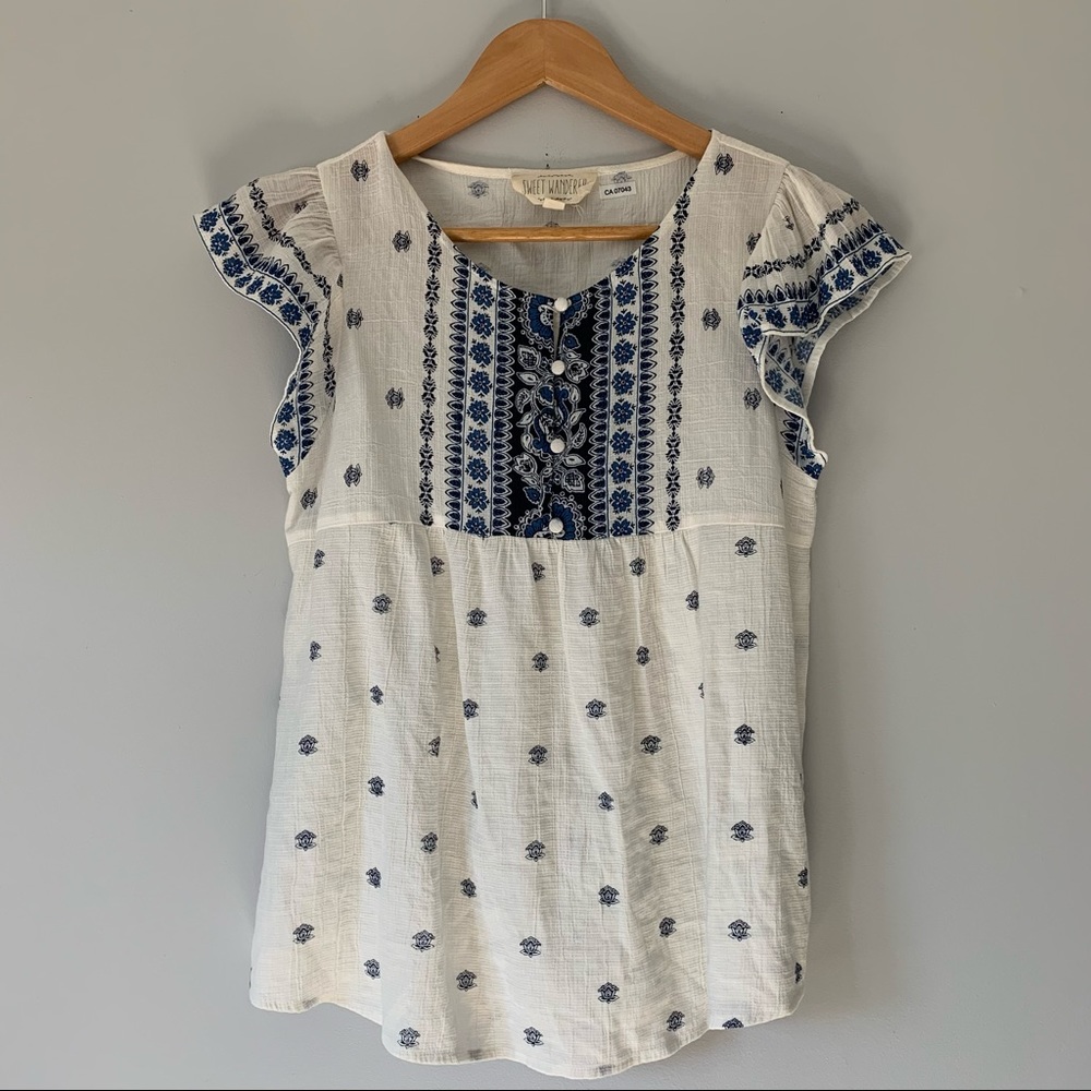 Embroidered White and Blue Women's Top